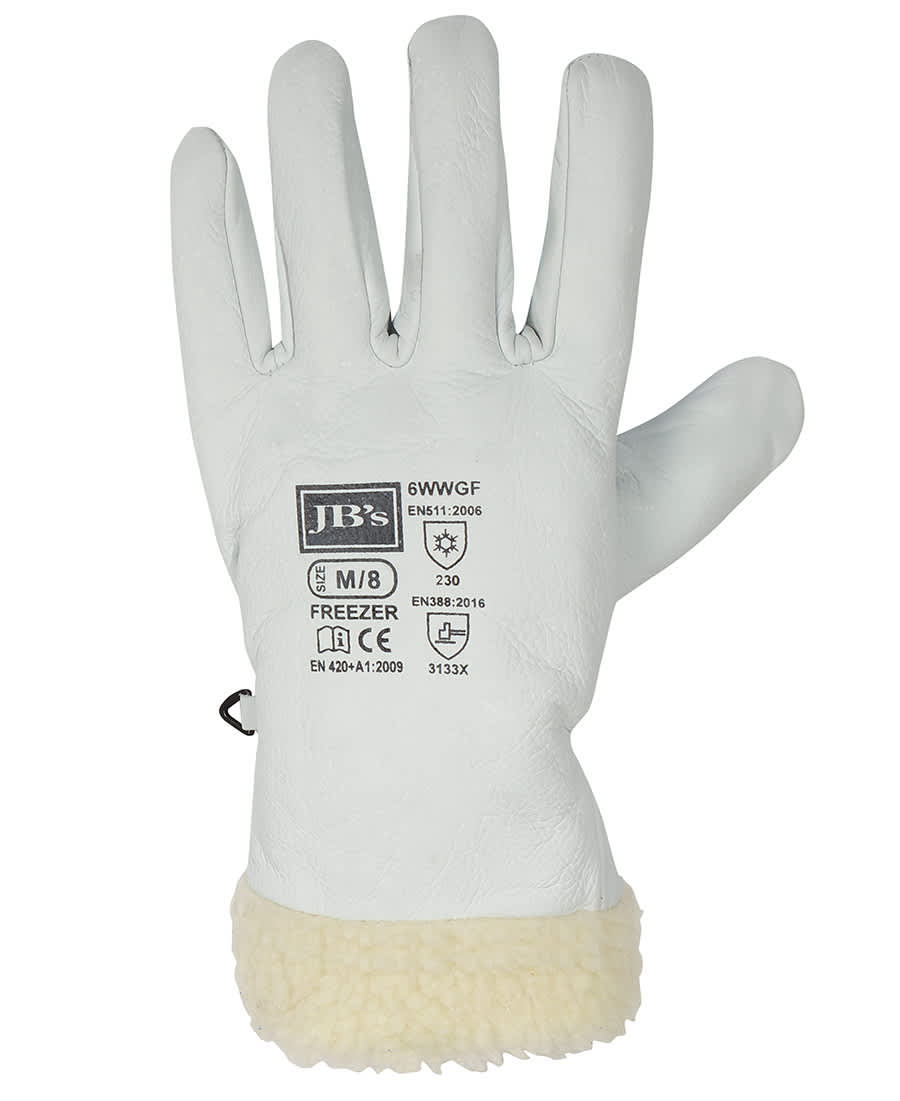 A white freezer glove with a fluffy, cream-coloured cuff and a logo. JB's En511 Freezer Rigger Glove - Image 1