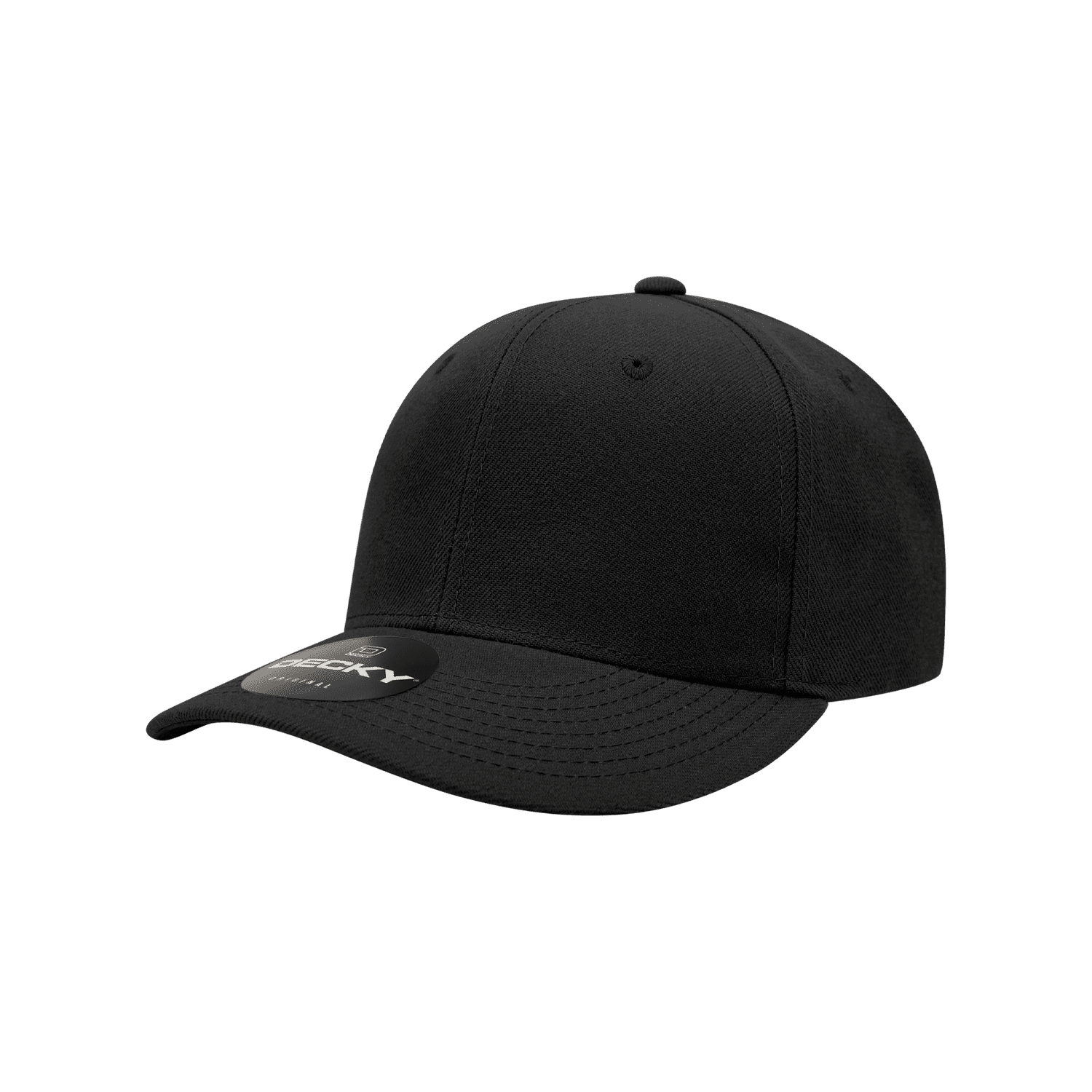 A black structured cap with a mid-profile six-panel design and a logo on the front. Youth 6 Panel Mid Profile Structured Cap - Image 1