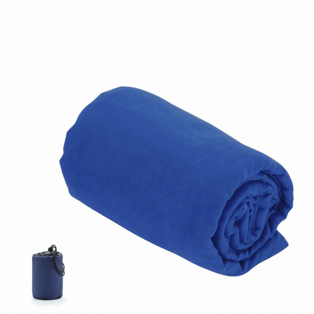 A blue travel blanket neatly rolled up, accompanied by a compact carrying pouch. Yarg - Image 1