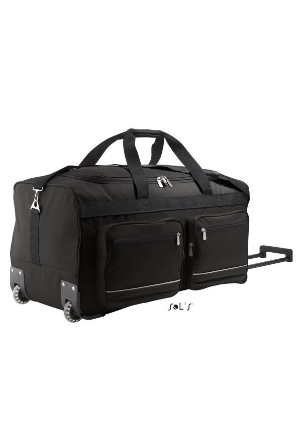 A large black travel bag with casters and a carry handle, featuring two zippered front pockets and a logo. TRAVEL BAG - CASTERS and carry handle - Large size - Image 1