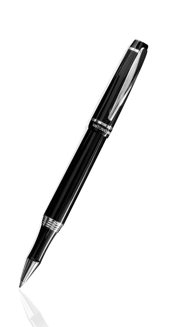 A black roller pen with a sleek design and a silver clip, featuring a logo on the barrel. Helox Roller - Image 1