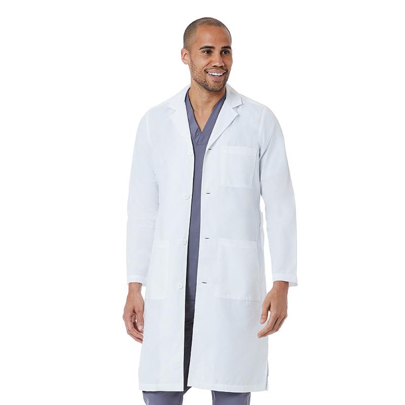A full-length white lab coat on a smiling man, featuring multiple pockets and a professional design. Lab Coats Red Panda Mens Full Length Lab Coat - Image 1