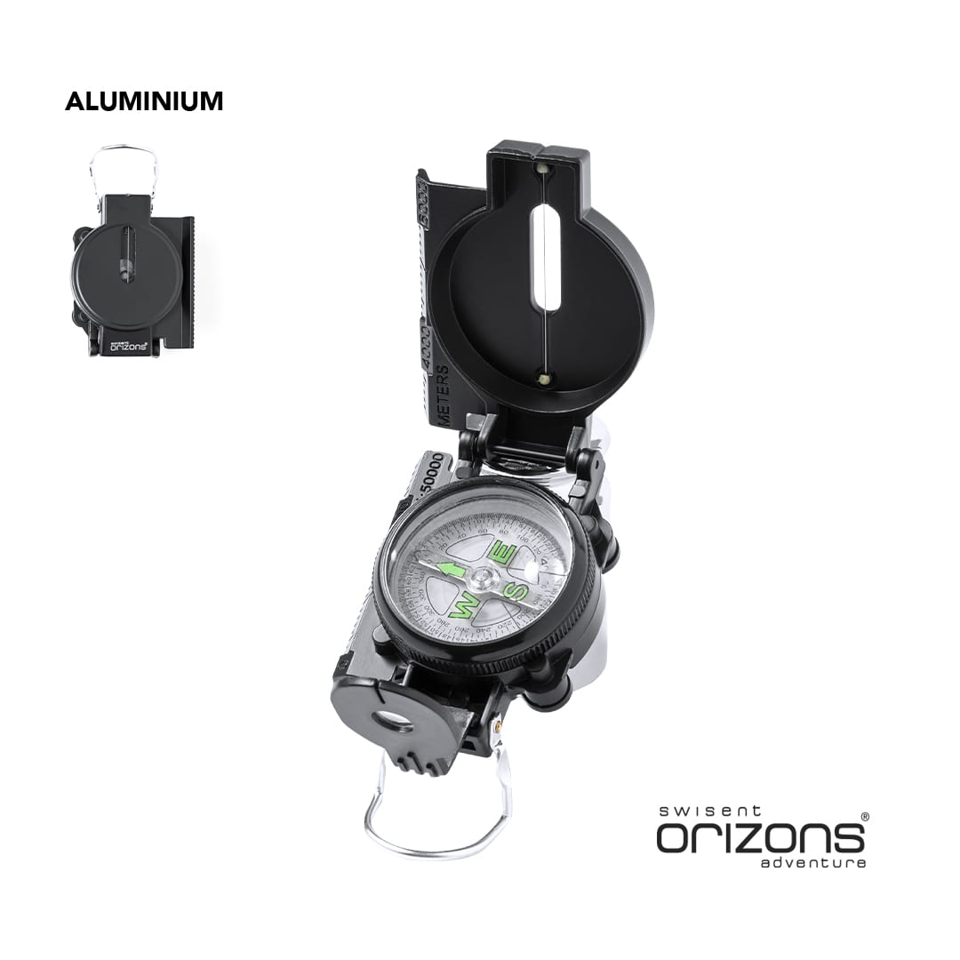 A black aluminium compass with a transparent dial and a hinged cover, featuring a keyring attachment. Saida Compass - Image 1