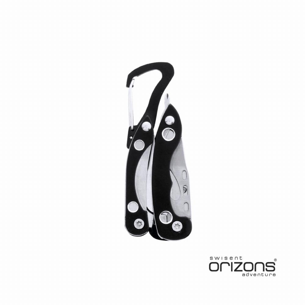 A multi-tool with a black handle and silver metallic accents, featuring a carabiner clip. It has a logo on the side. Borth - Image 1