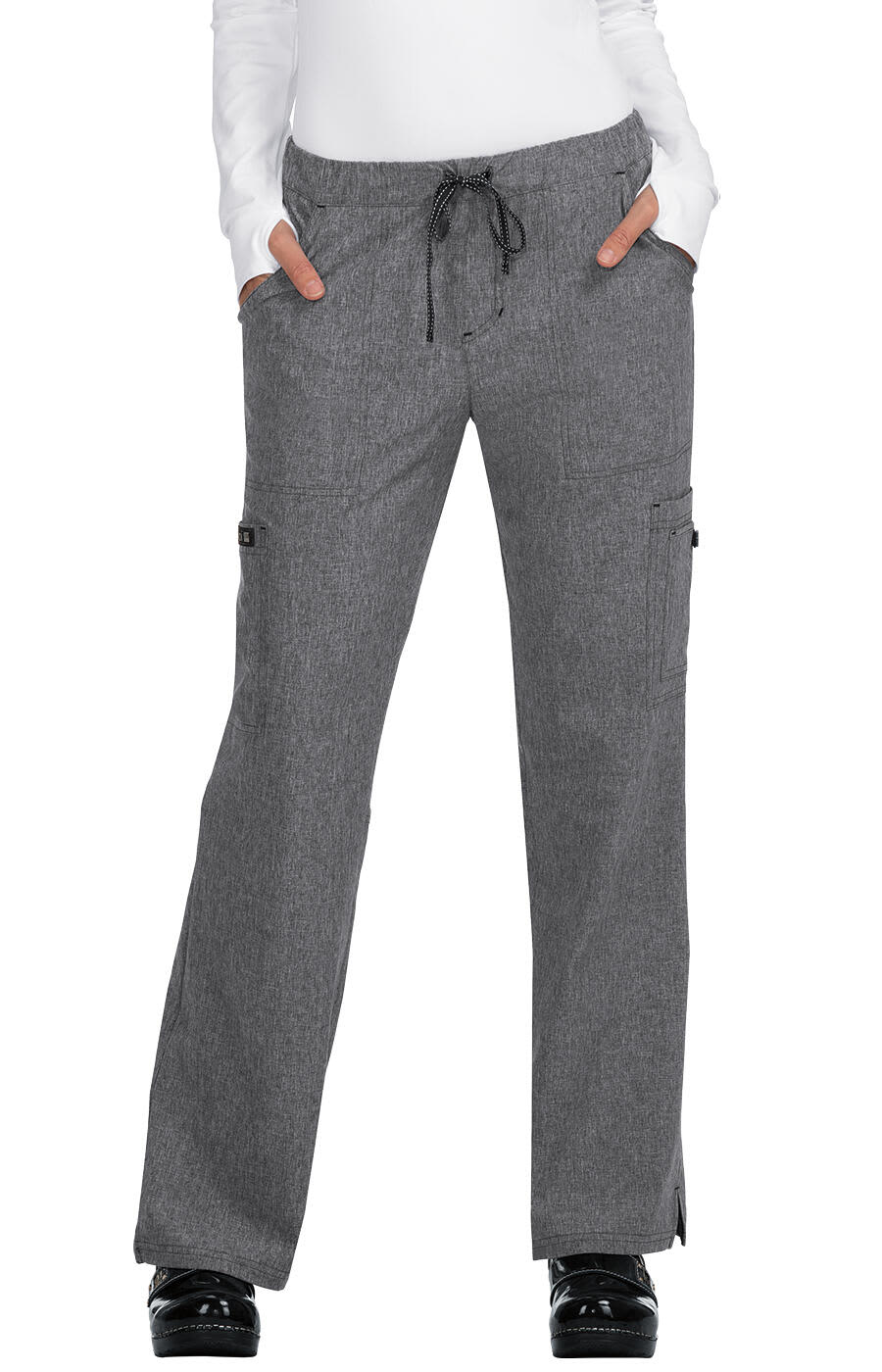 A pair of grey cargo pants with pockets and a drawstring, displayed on a model. Holly Pant - Image 1