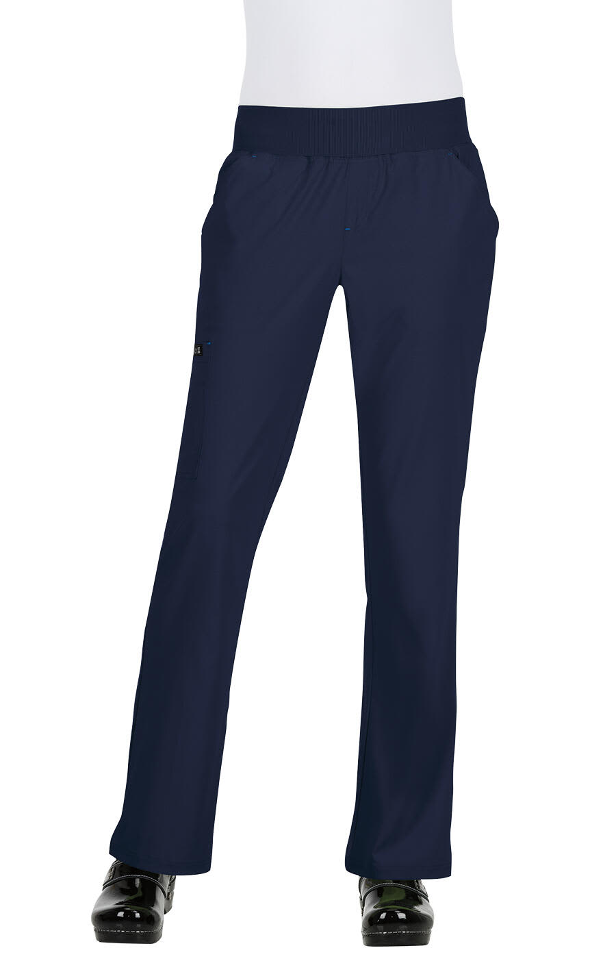A pair of navy pants featuring a stretchy waist and side pockets, displayed on a plain white mannequin. Laurie Pant - Image 1