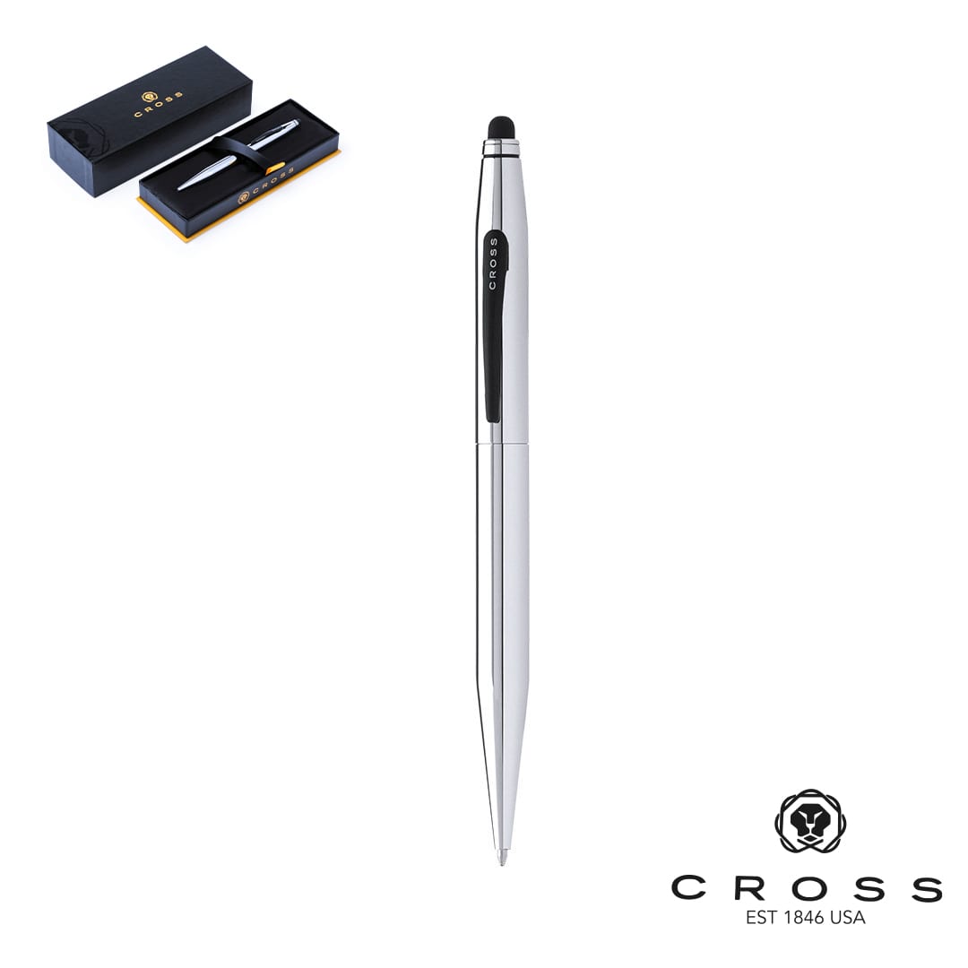 A silver stylus touch ball pen positioned vertically, next to a black gift box with a logo. Tech 2 Stylus Touch Ball Pen - Image 1
