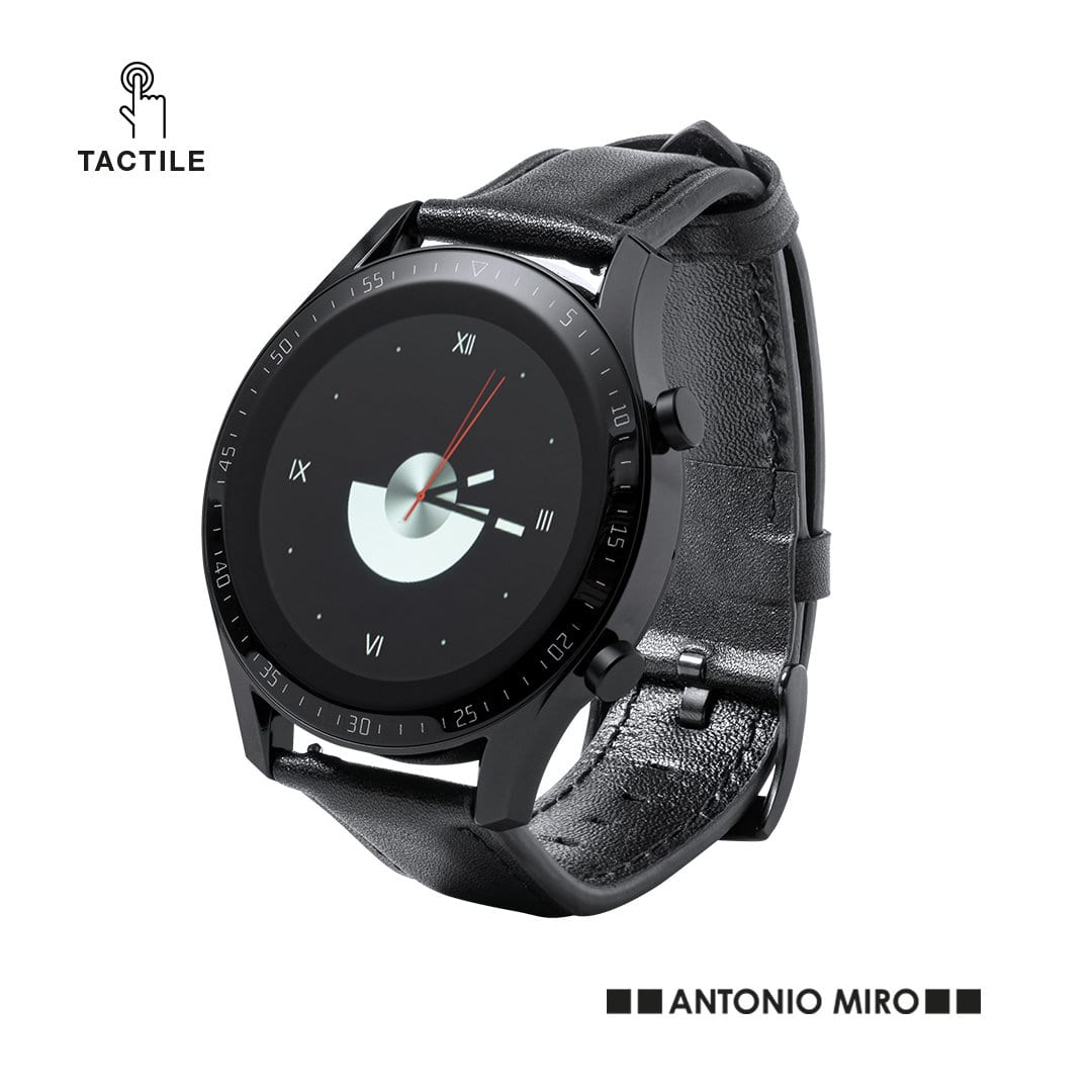 A black smart watch with a round face and leather strap, featuring a minimalist design and a logo. Daford Smart Watch - Image 1