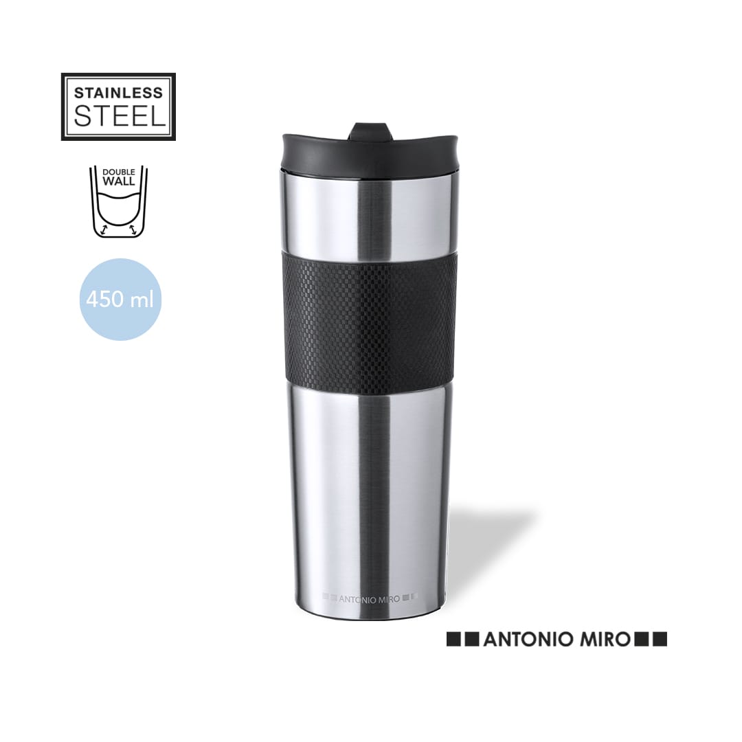 A stainless steel travel mug with a double-wall design, featuring a textured black grip and a lid. Reley Insulated Cup - Image 1