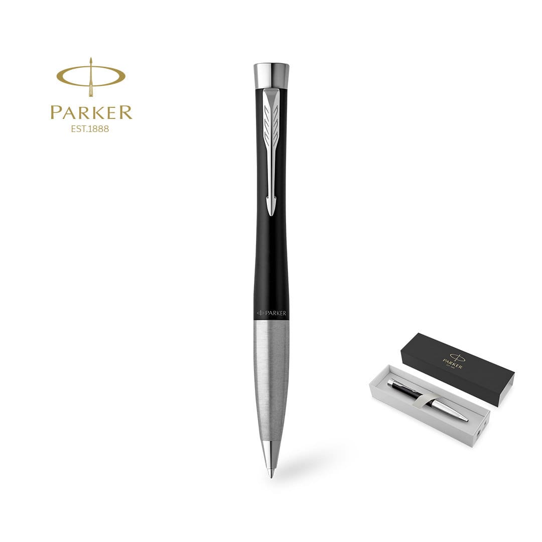A metal pen with a sleek black body and silver accents, packaged in a black box with a logo. Urban Twist Pen - Image 1
