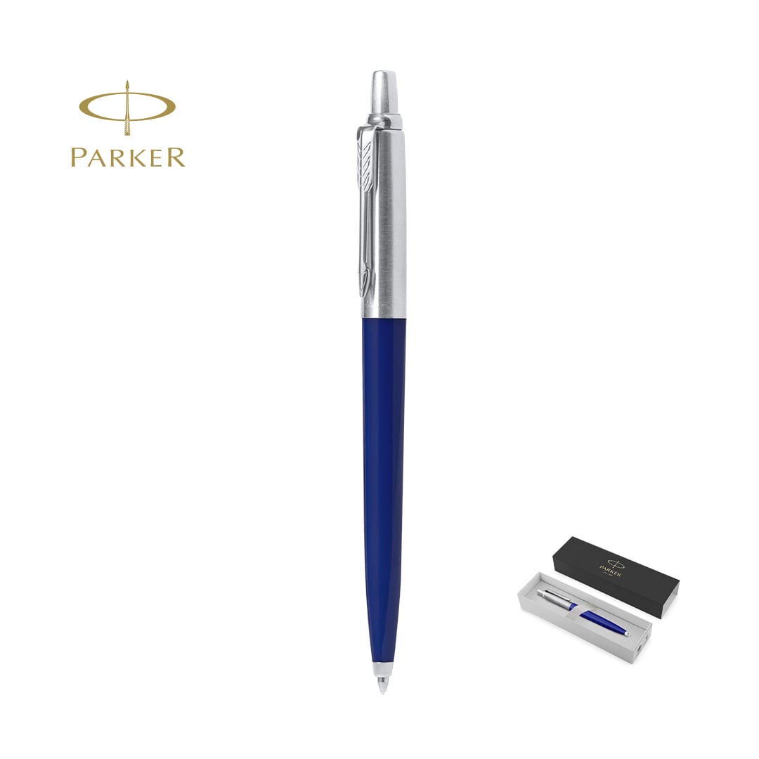 A blue Jotter Recycled Pen with a silver clip, packaged in a black box. Features a logo on the pen. Jotter Recycled Pen - Image 1