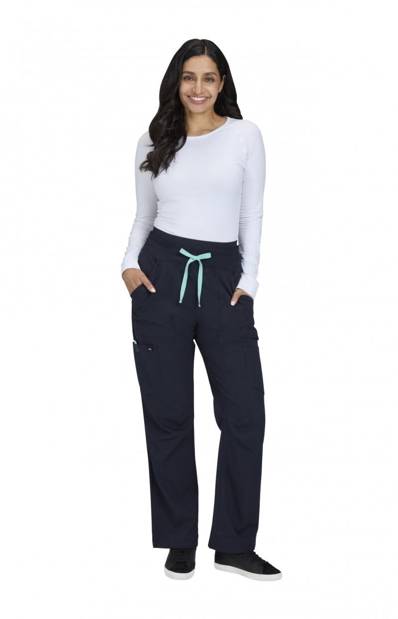 A pair of navy wide leg pants with a mint green drawstring, featuring pockets and a fitted waistband. Freda Wide Leg Pant - Image 1