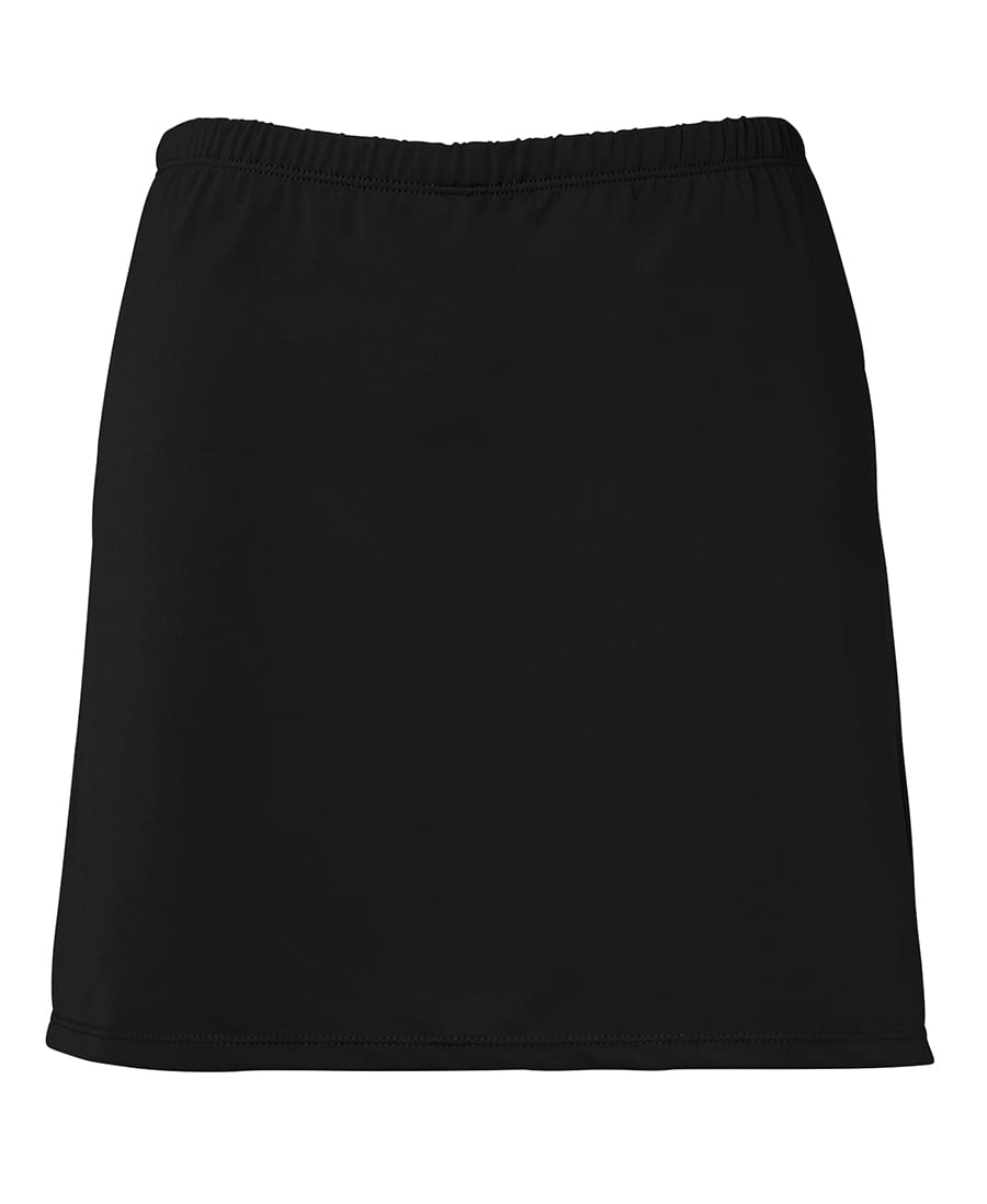 A black skort with an elastic waistband, featuring a simple design and a subtle branding logo. Podium Ladies Skort - Image 1