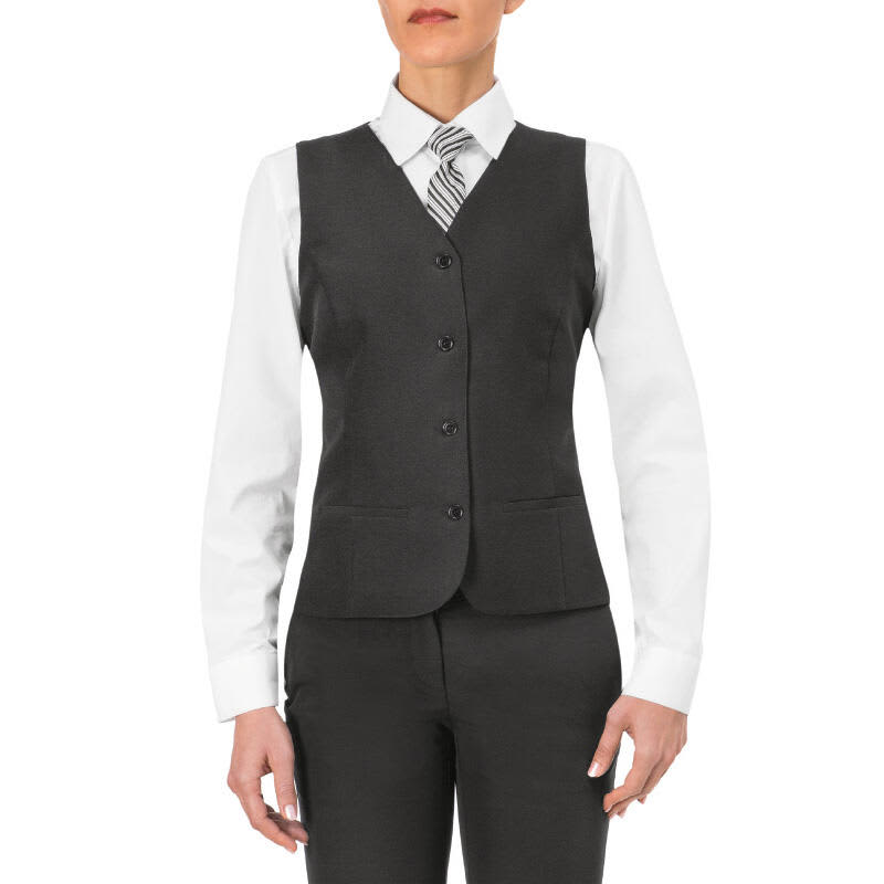 A woman wearing a grey Petra Vest over a white shirt, paired with a striped tie and black pants. The vest features buttons and a tailored fit. Petra Vest - Image 1
