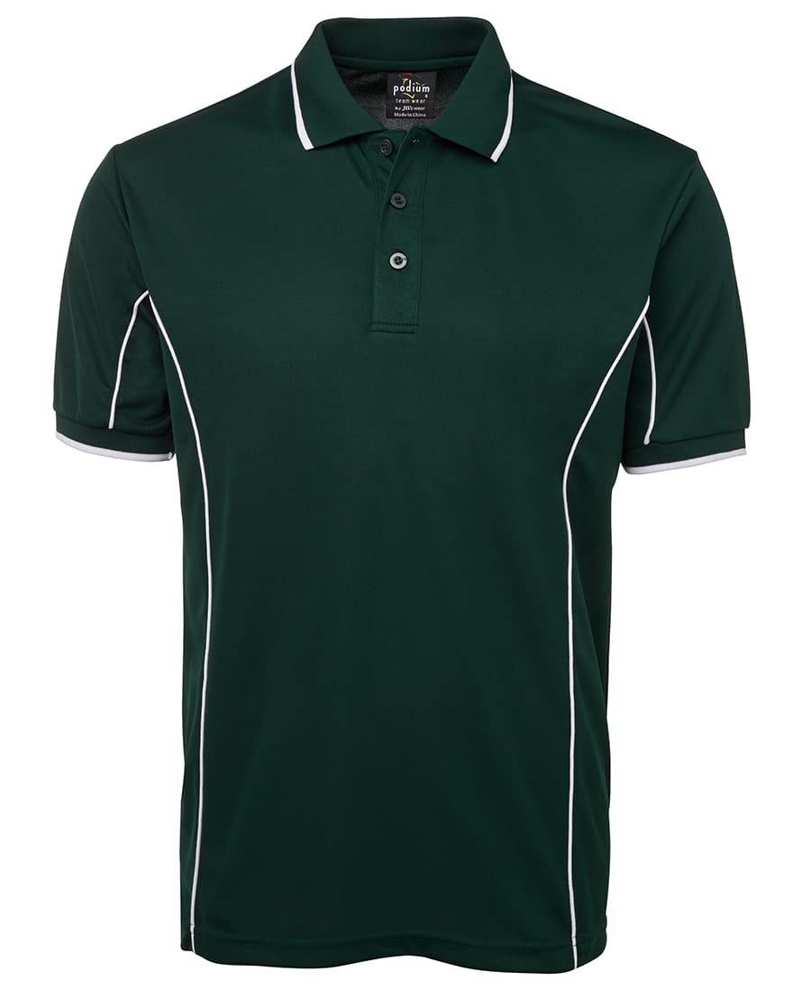 A dark green polo shirt with short sleeves and white piping accents, featuring a collar and three buttons. Podium S/S Piping Polo - Image 1