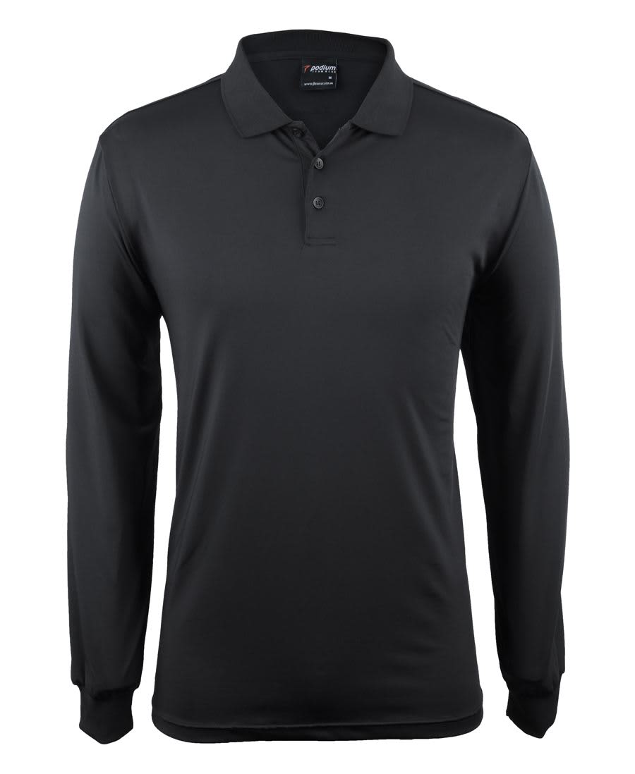 A black long-sleeved polo shirt featuring a collar and three buttons, with a logo on the upper side. Podium L/S Stretch Polo - Image 1