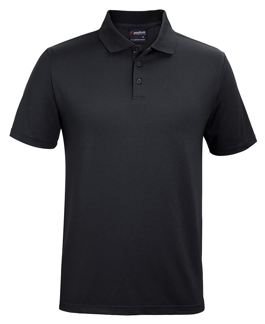 A black polo shirt featuring a classic collar and a three-button placket, with a logo on the chest. Podium Stretch Polo - Image 1