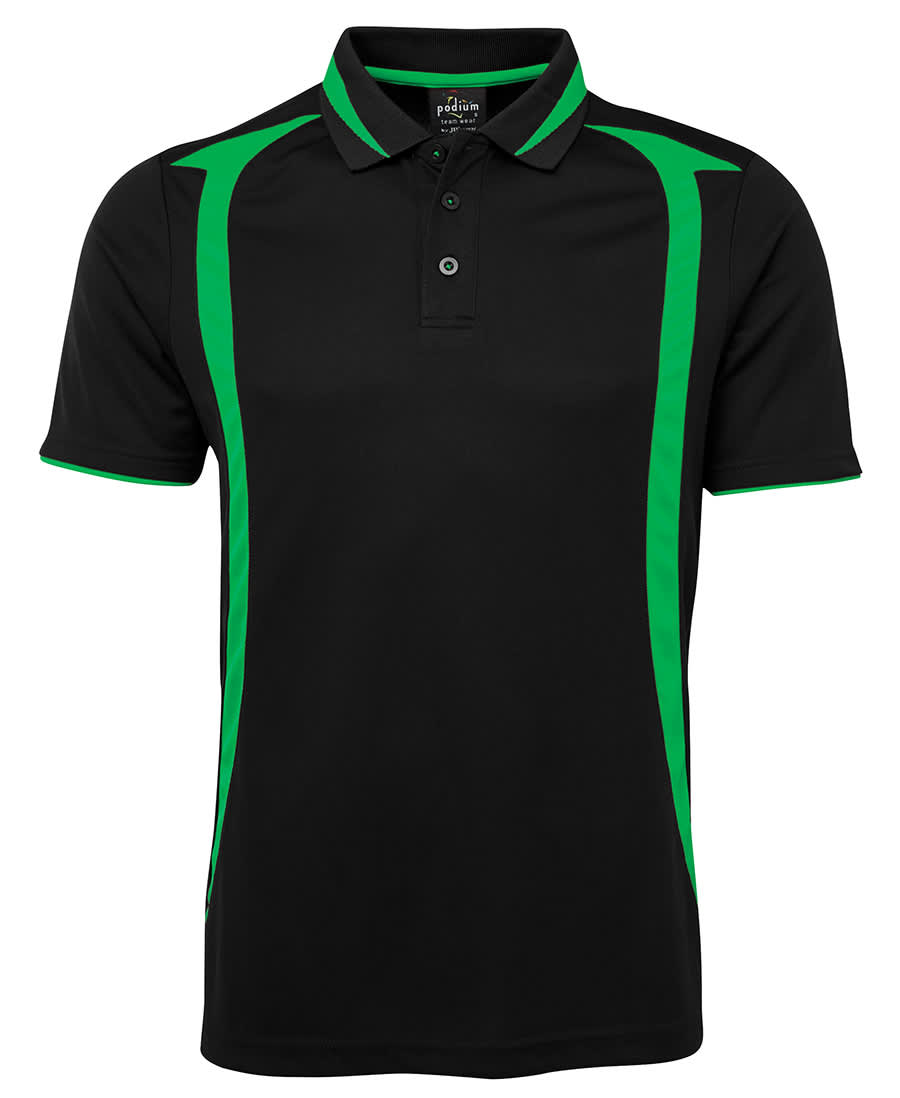 A black polo shirt featuring green accents and a logo on the chest. Suitable for promotional use. Podium Swirl Polo - Image 1