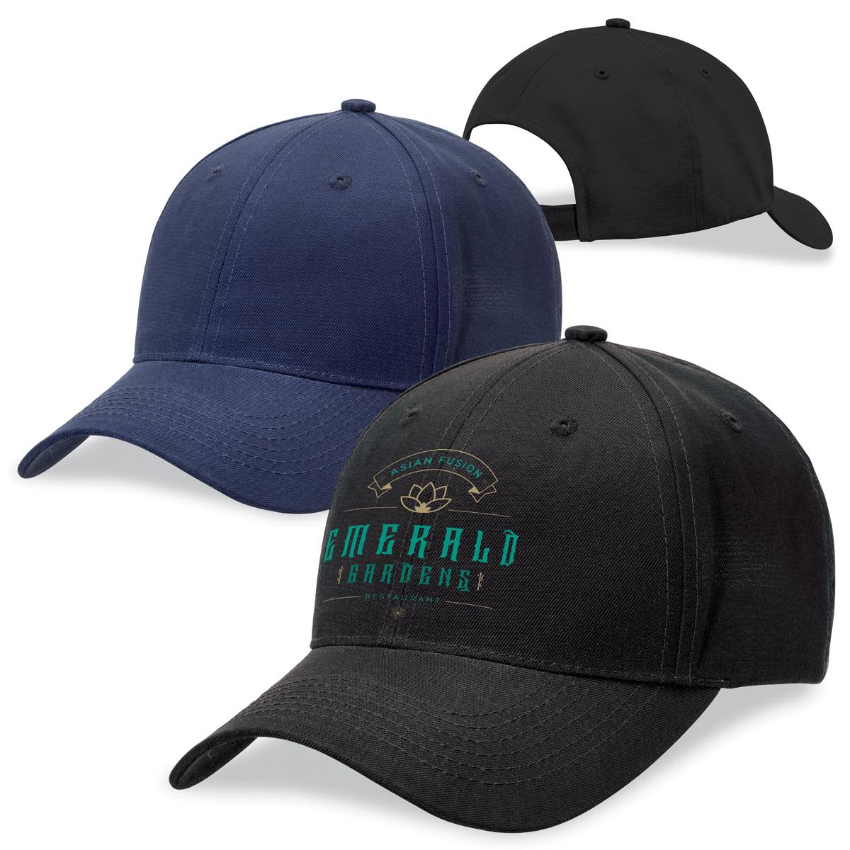 A collection of three caps in navy blue and black, featuring a logo on one of the black caps. Polycotton Event - Image 1