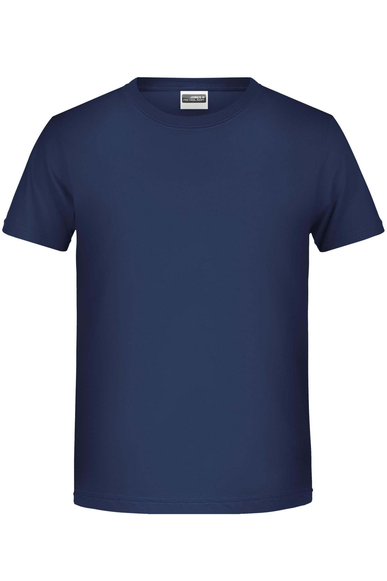 A navy blue short-sleeve T-shirt with a round neckline and a tag inside. It features a simple design and a logo. Boys Basic-T - Image 1