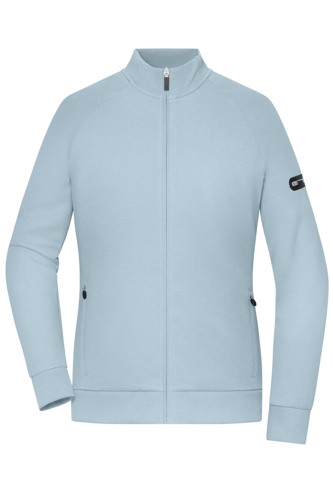 A light blue zip jacket with a high collar and zippered pockets, featuring a branding logo on the sleeve. Ladies Zip Jacket Interlock - Image 1