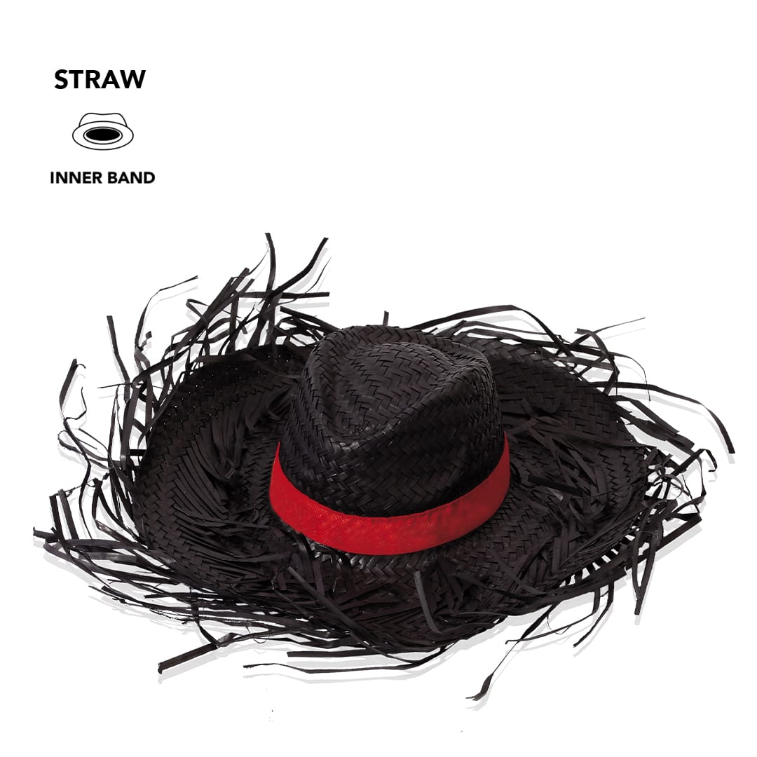 A black straw hat with a red band and decorative fringe around the edge. It features an inner band. Filagarchado Hat - Image 1