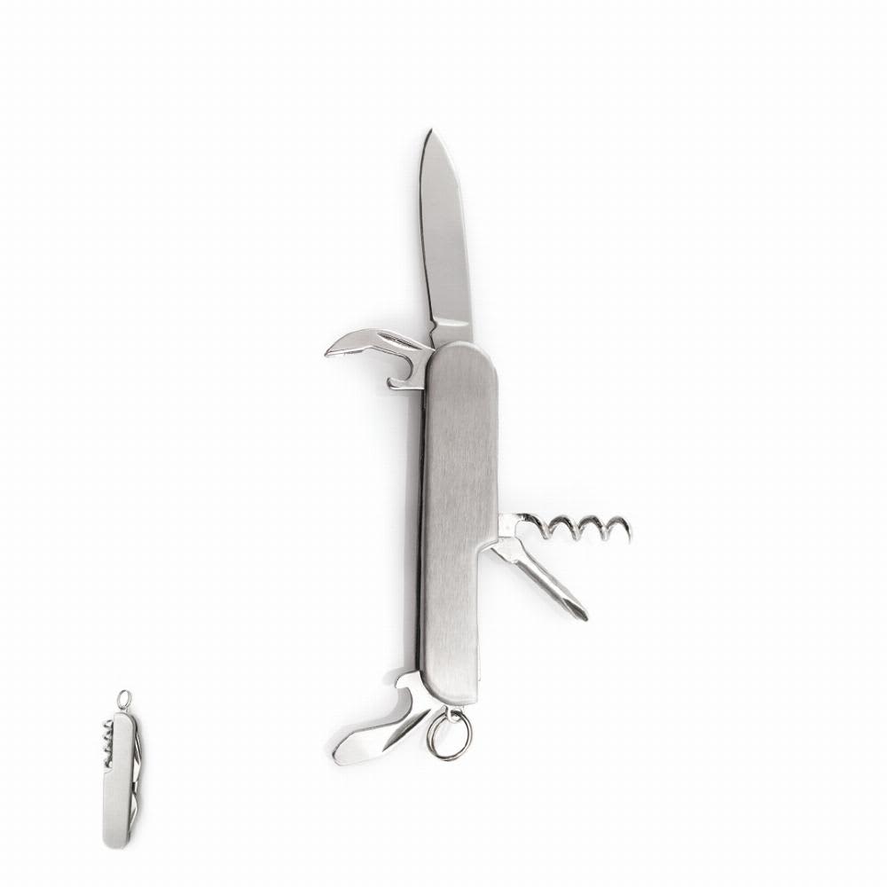 A silver multi-tool featuring a knife, corkscrew, and other implements, showcasing a sleek, metallic design. Campello - Image 1