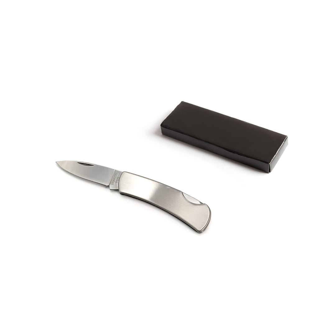 A sleek stainless steel pocket knife with a folding blade, accompanied by a black presentation box. Acer Pocket Knife - Image 1