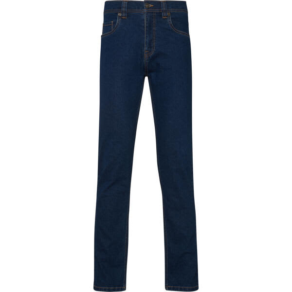 A pair of dark blue denim jeans with a fitted style and pockets. The jeans have a logo on the waistband. Brock Denim Jeans - Image 1