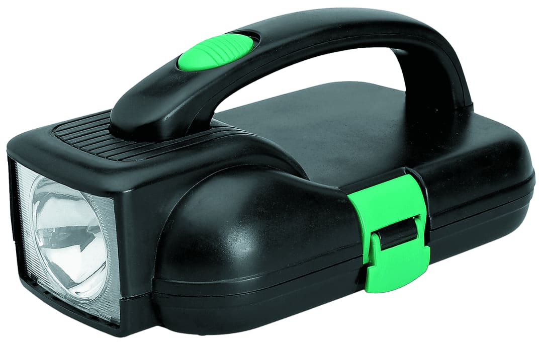 A black and green portable flashlight with a handle, designed for easy carrying and use. Vizcaya Tool Set - Image 1
