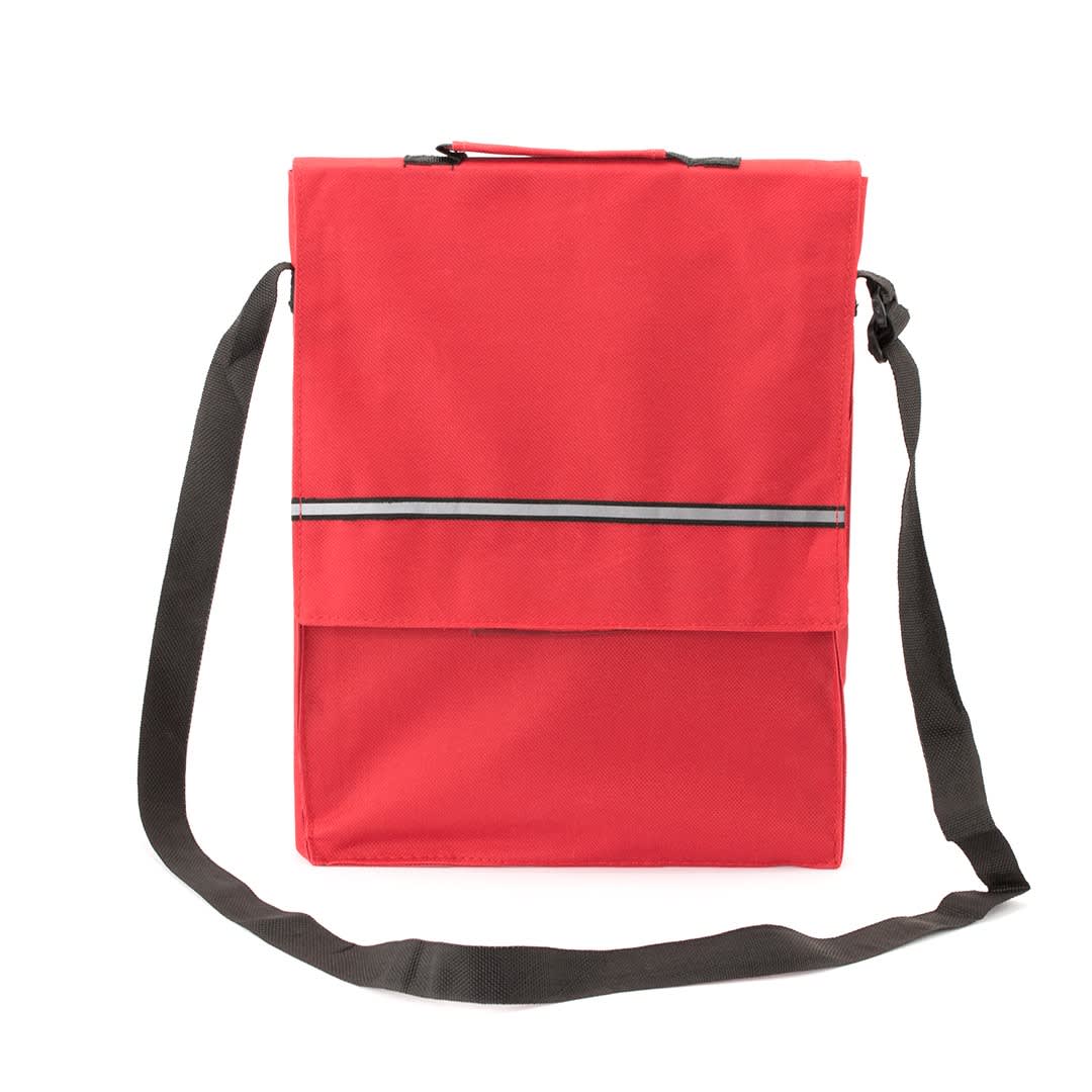 A red document bag with a black adjustable strap and a reflective strip across the front, featuring a logo. Milán Document Bag - Image 1