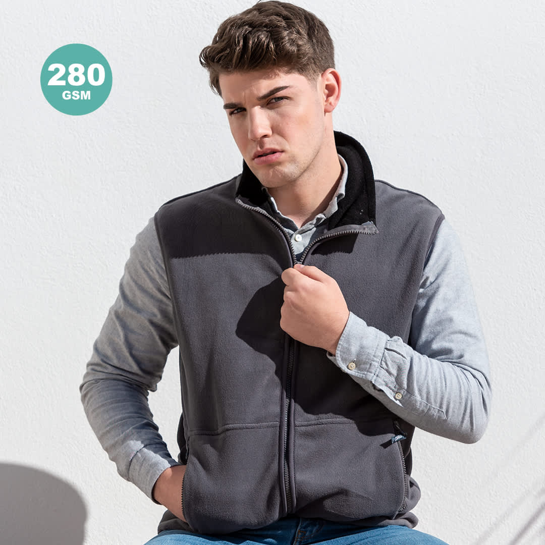 A polar fleece jacket in grey, featuring a zip-up front and a logo on the chest. Forest Vest - Image 1