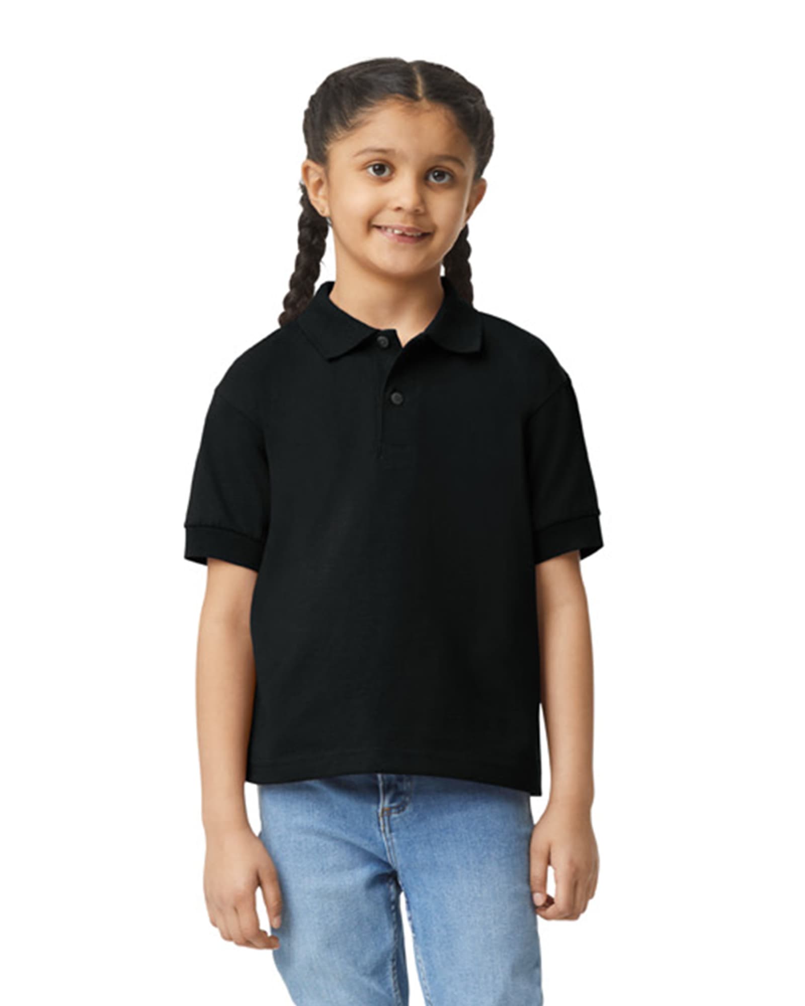 A black youth polo shirt displayed on a child, featuring a collar and short sleeves. The shirt has a logo. Gildan Youth Polo - Image 1