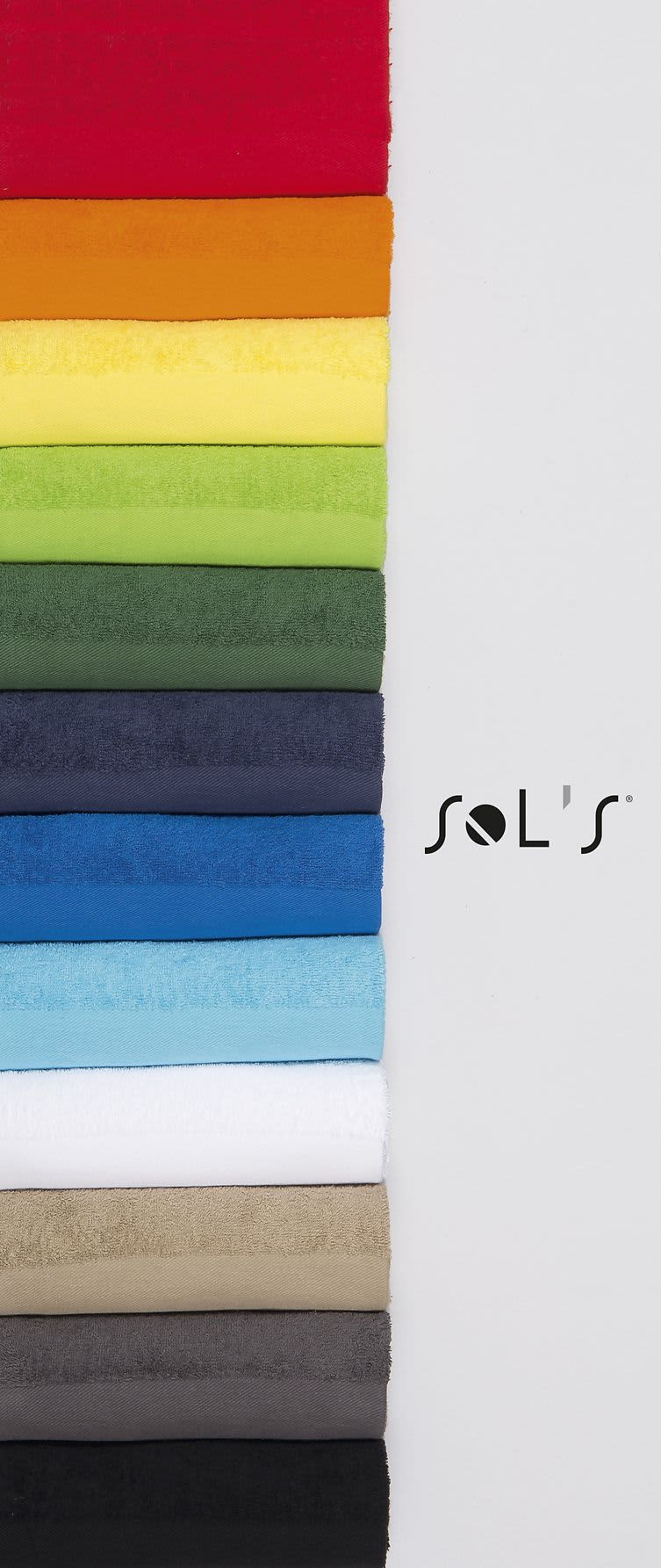 A collection of hand towels in various colours stacked vertically, featuring a logo on the side. Hand towel 400gsm cotton 30cm x 50cm - Image 1