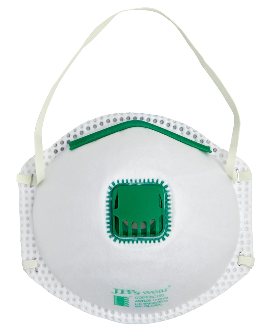 A white P2 respirator mask with a green valve and elastic straps, featuring a rounded design and a logo. JB's Blister (3 Pc) P2 Respirator With Valve - Image 1