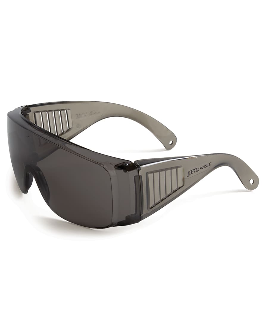 Safety sunglasses in dark grey with a sleek design, featuring ventilation on the sides and a branded logo. JB's Visitor/Over Spec 1337.1 (12 Pack) - Image 1