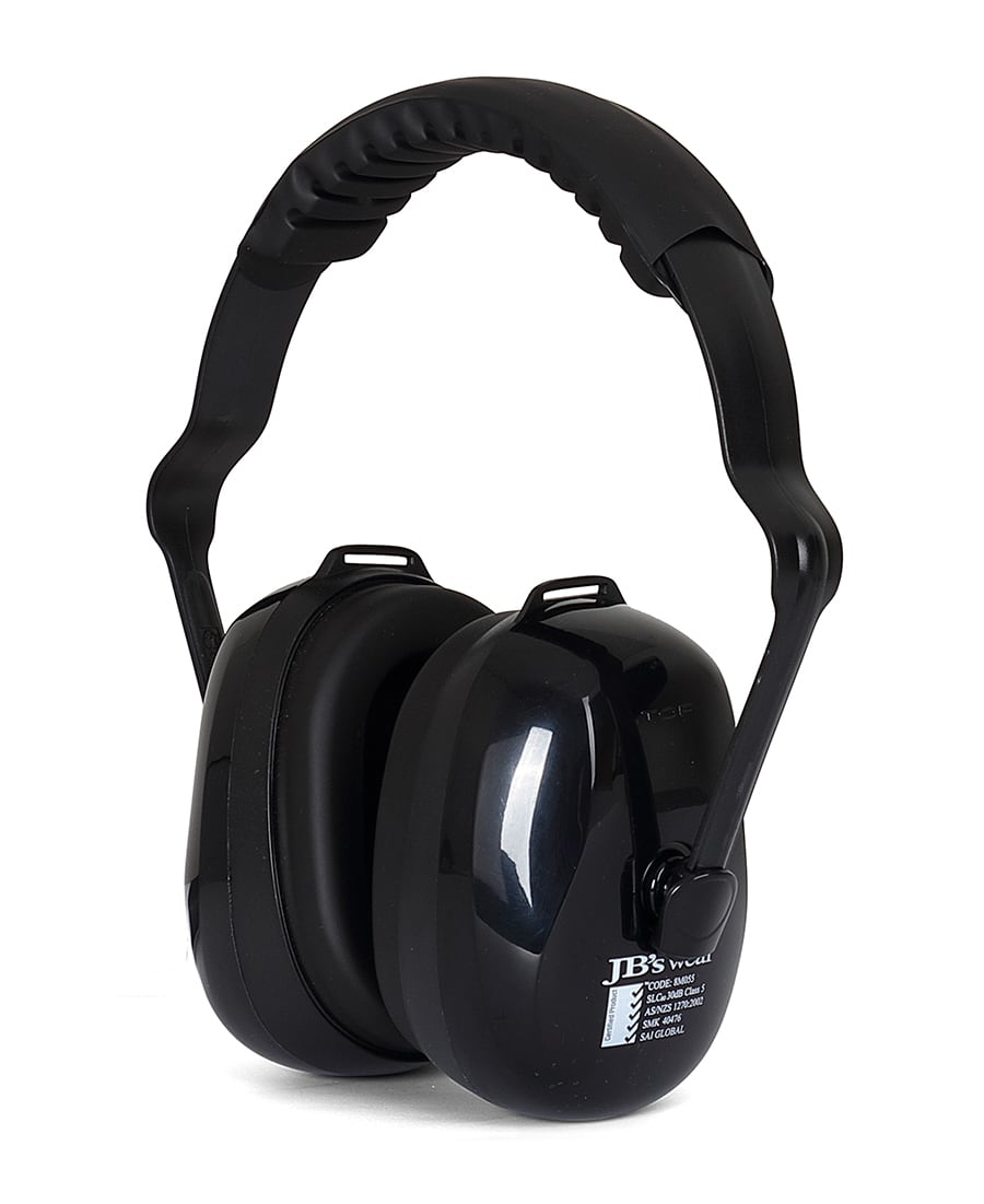 A pair of black ear muffs with a padded headband and adjustable fit. Features a logo on one side. JB's Class 5 Ear Muff - Image 1