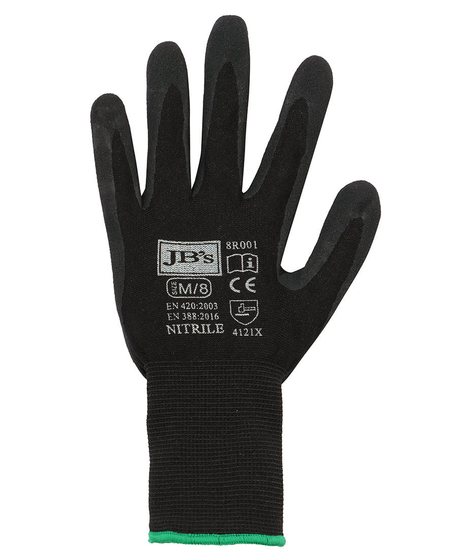 A black nitrile glove featuring textured fingertips and a green cuff, with a branding logo. JB's Black Nitrile Breathable Glove (12 Pk) - Image 1