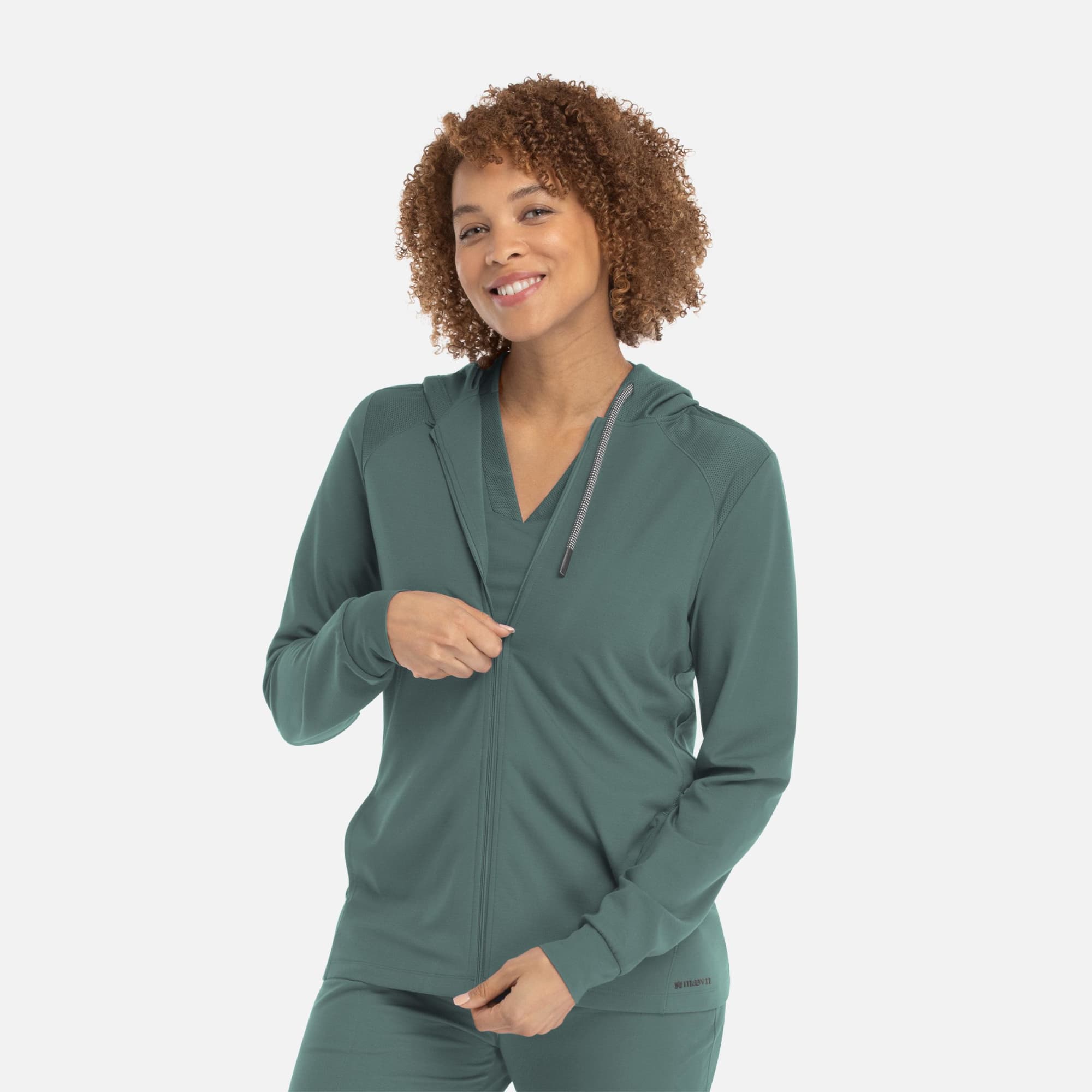 A hooded zip front jacket in a teal colour, featuring a slim fit and a logo on the side. Focus Womens Hooded Zip Front Jacket - Image 1