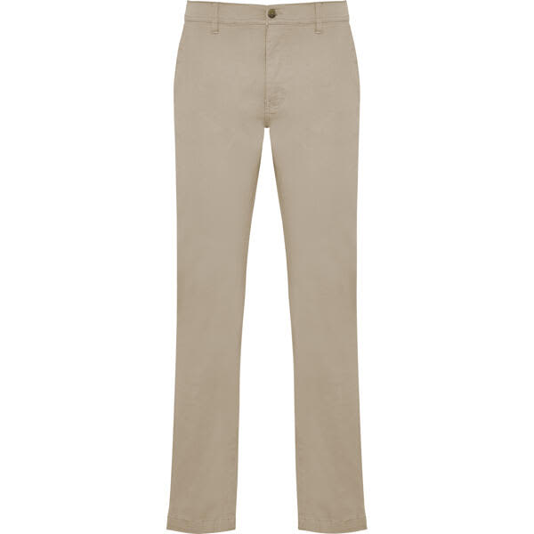 Beige trousers with a straight leg design, featuring a front button and a small branding logo. Ritz Trousers - Image 1
