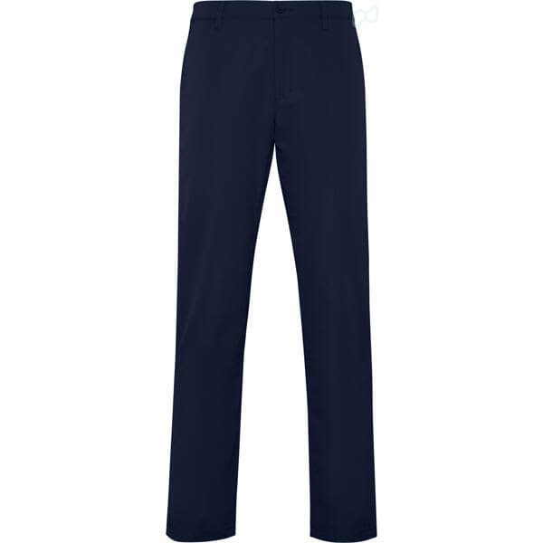 Navy chinos featuring a straight-leg design, suitable for casual or formal wear. Includes a logo detail. Beverly Chino Trousers - Image 1