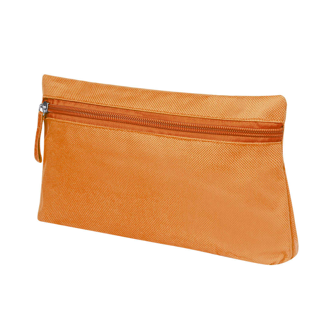 An orange toiletry bag with a zip closure and a side handle. It has a textured finish and a logo. Britney Beauty Bag - Image 1