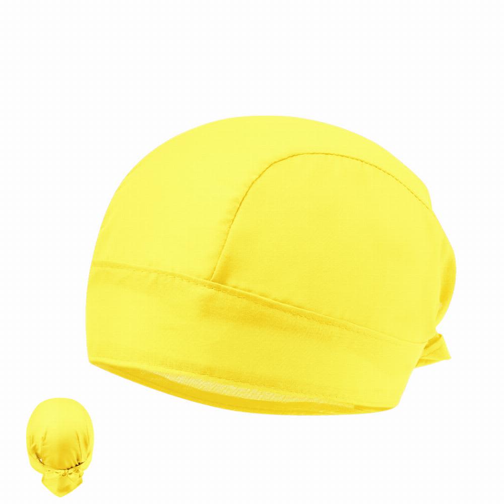 A yellow beanie-style hat with a soft, smooth fabric and a tied back design. It features a branding logo. Garfy - Image 1