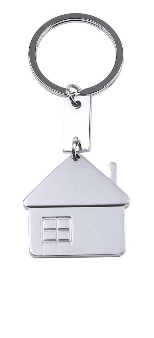 A silver keyring in the shape of a house, featuring a small window and chimney detail. Inmo Keyring - Image 1