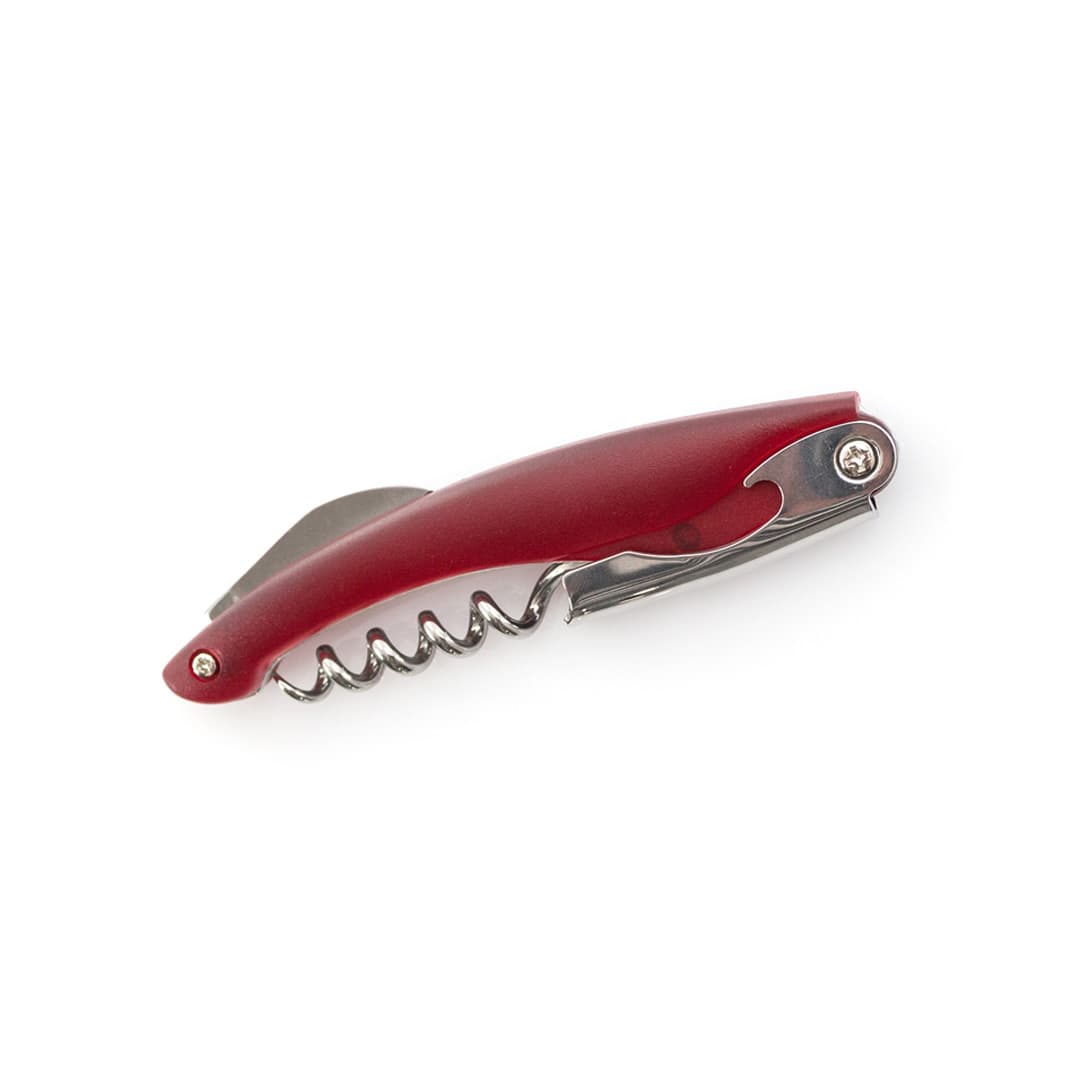 A red corkscrew with a stainless steel spiral and a built-in bottle opener. It has a sleek, ergonomic design. Mac Corkscrew - Image 1