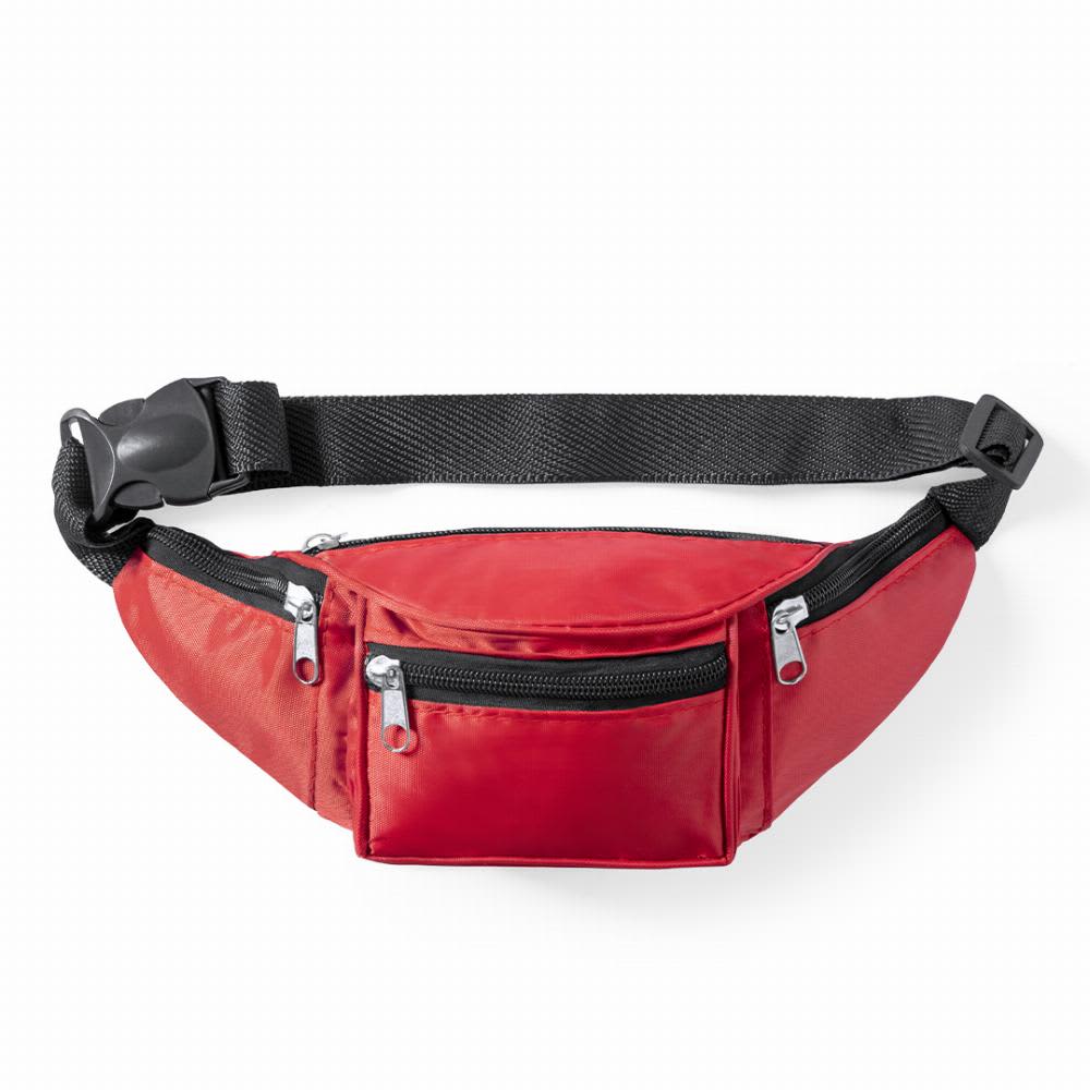 A red fanny pack featuring multiple zippered compartments and an adjustable black strap. Crown - Image 1