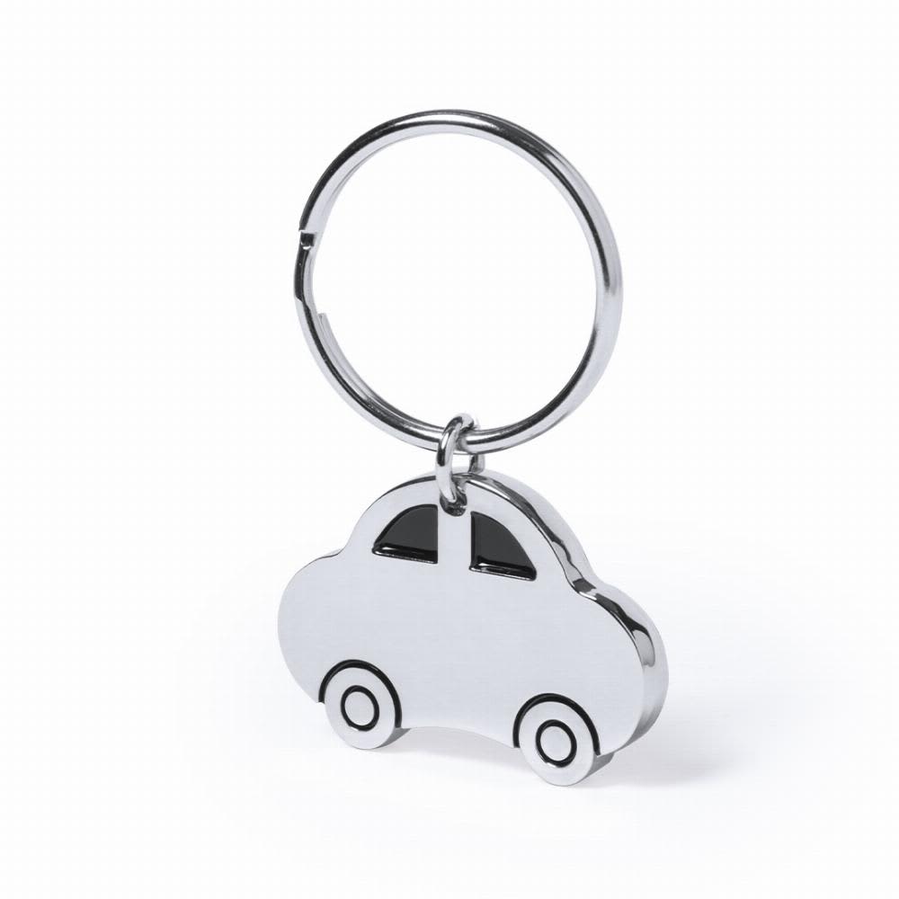 A keyring in the shape of a silver car with black detailing, attached to a metal ring. Engine - Image 1