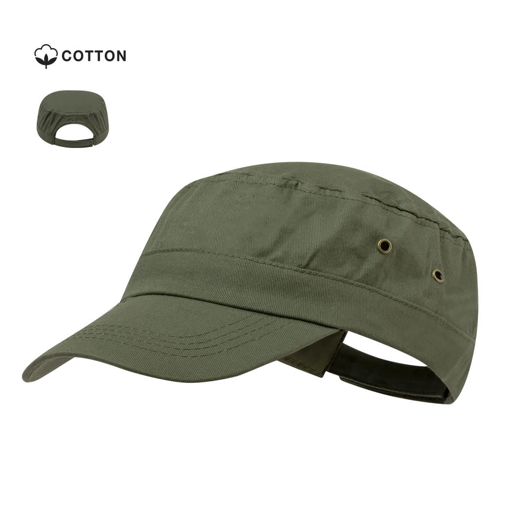 A green cotton cap with a wide brim and reinforced eyelets, featuring an adjustable strap and a logo. Saigon Cap - Image 1