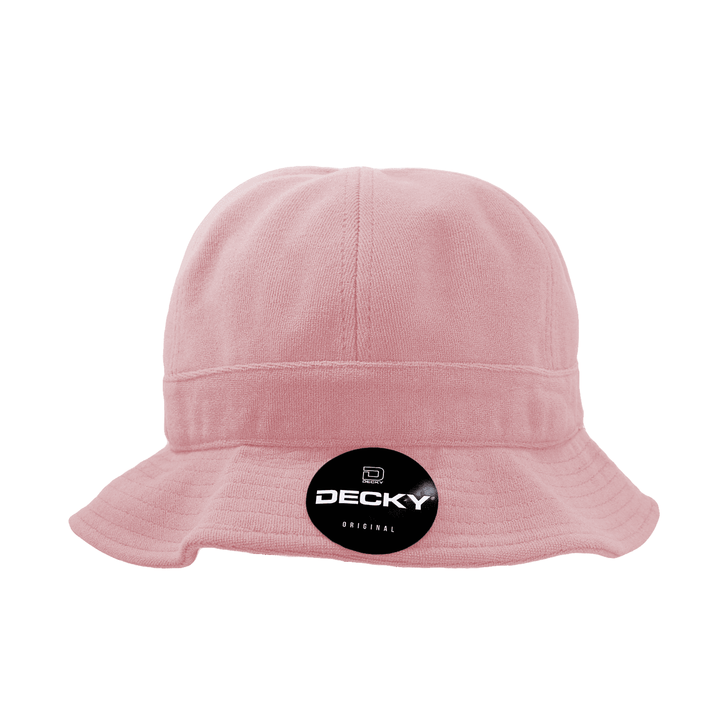 A pink bucket hat with a branded logo on the front, featuring a wide brim and soft fabric. Relaxed Terry Buckets - Image 1