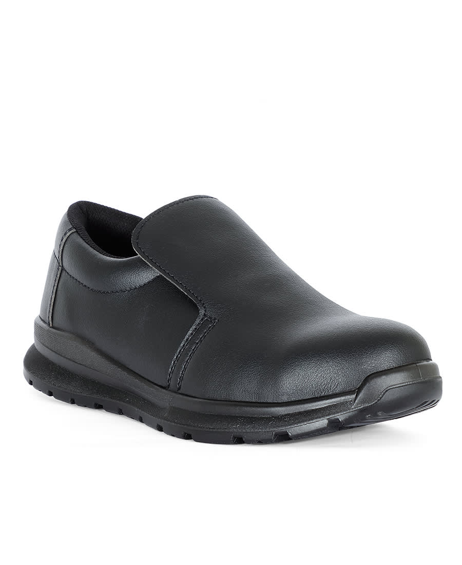 A black microfibre shoe with a slip-on design and a sturdy sole. The shoe features a sleek finish and has a logo. JB's Microfibre Shoe - Image 1